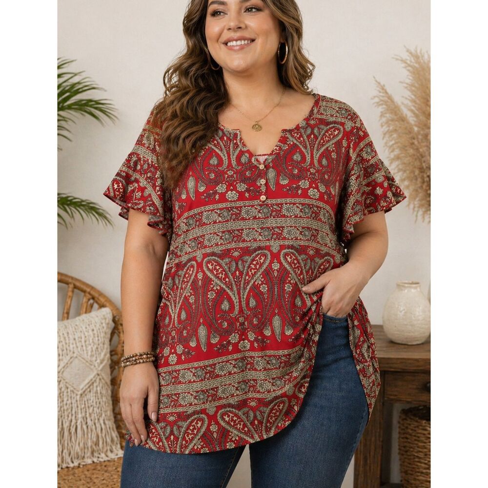 Tralilbee 3X Red Paisley Boho Tunic Top Flutter Sleeve Stretch Blouse